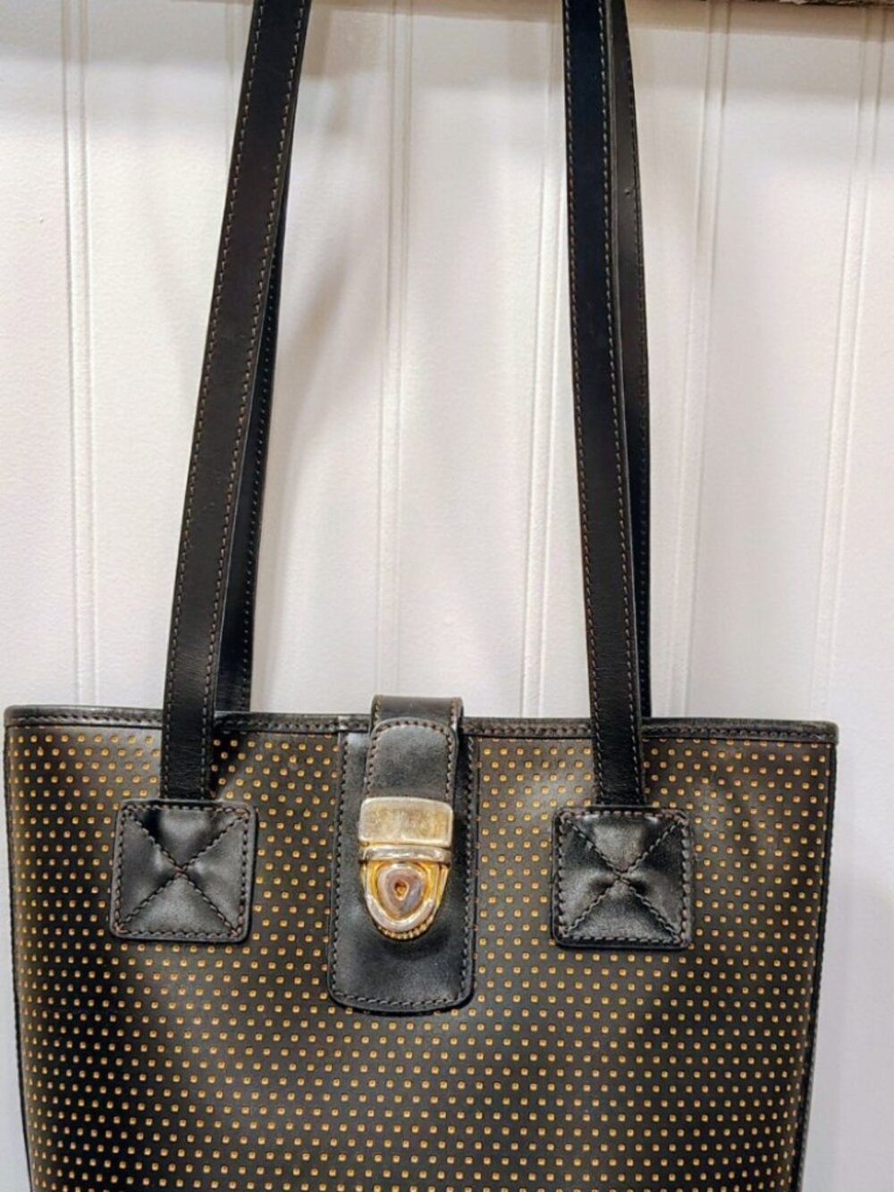 Vintage Dooney & Bourke Polka Dot Yellow Bucket Shoulder Bag Gold Hardware Clasp - Picture 2 of 16